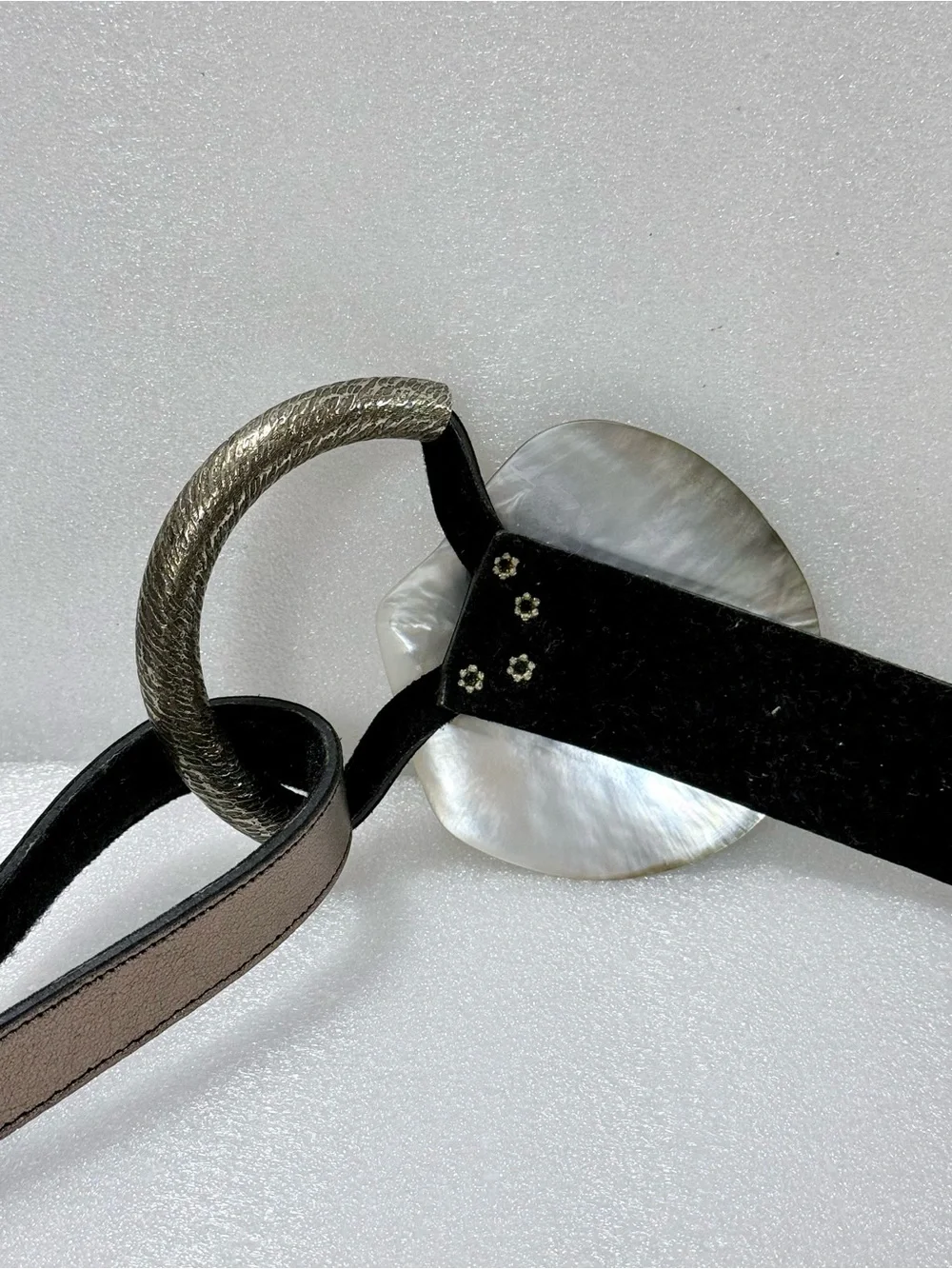 Vintage Artisan  Belt with Genuine Shell Buckle & Silver Metal Floral Conchos